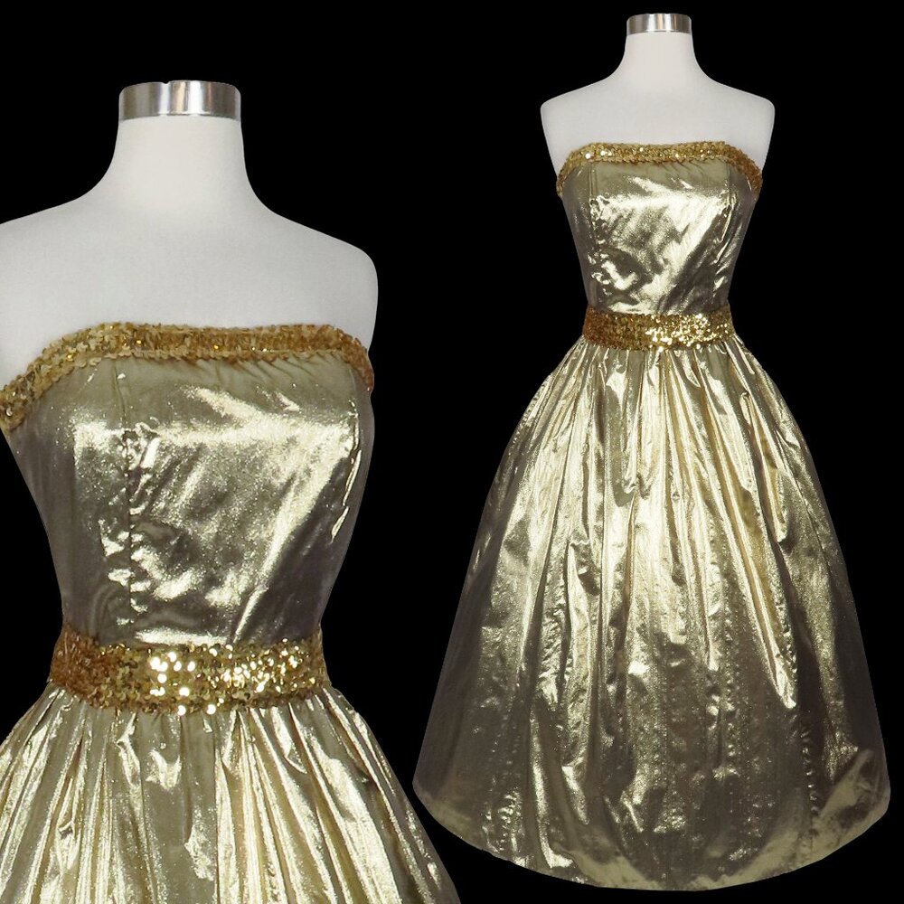 Vintage 80s Strapless Metallic Gold Lamé Foil Full Skirt Prom Party Dress S Glam